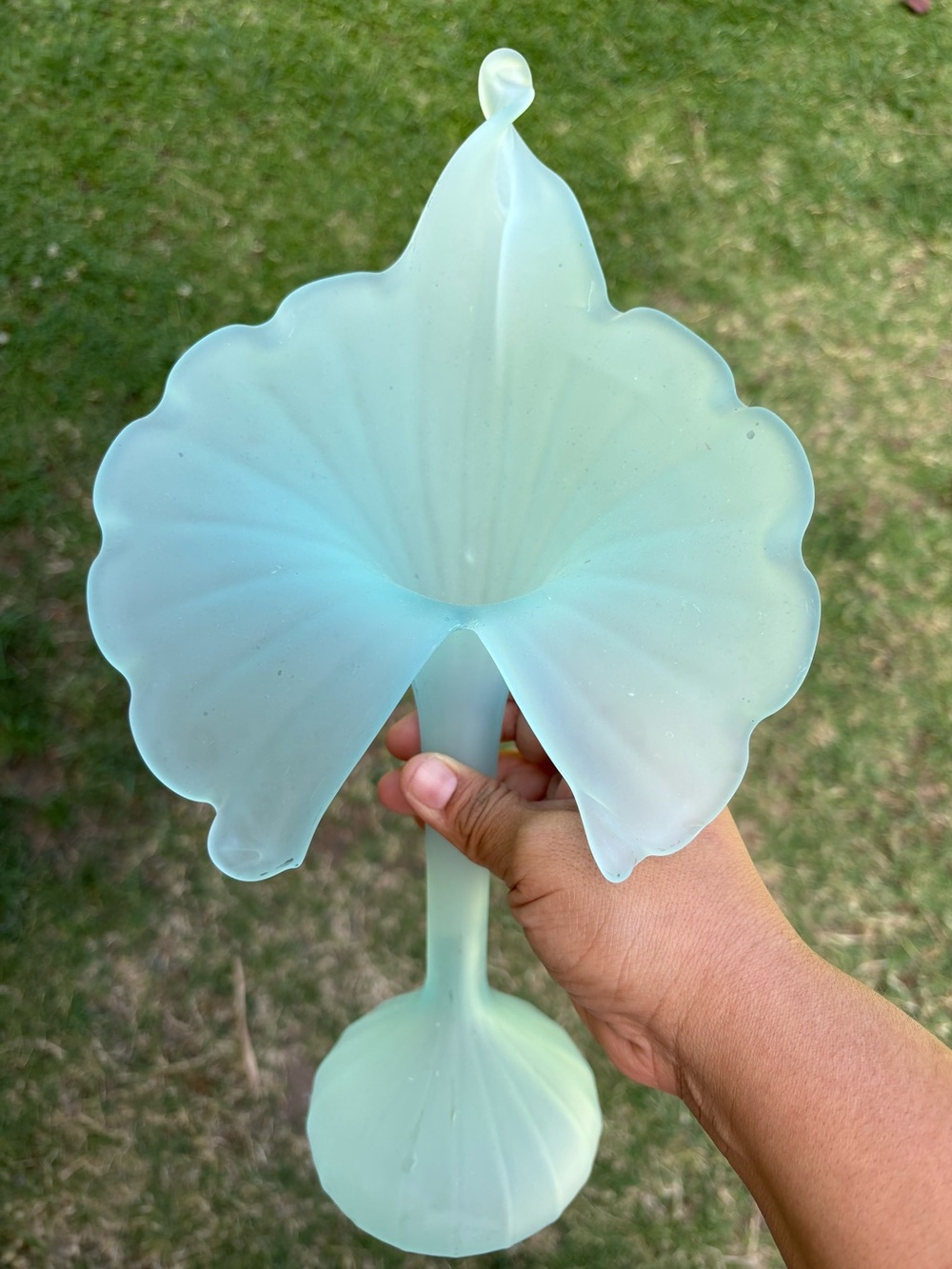Vintage Blue Satin Art Glass Jack-in-the-Pulpit Vase Ruffle Trumpet Soft Frosted